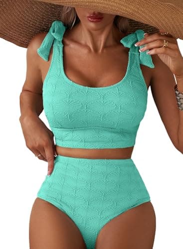 Herseas Womens High Waisted Bikini Set Seashell Textured Tie Shoulder Swim Suits Full Coverage Removable Padding 2 Piece Bathing Suit Cute Beach Vacation Clothes for Teens Turquoise X-Small - Image 1