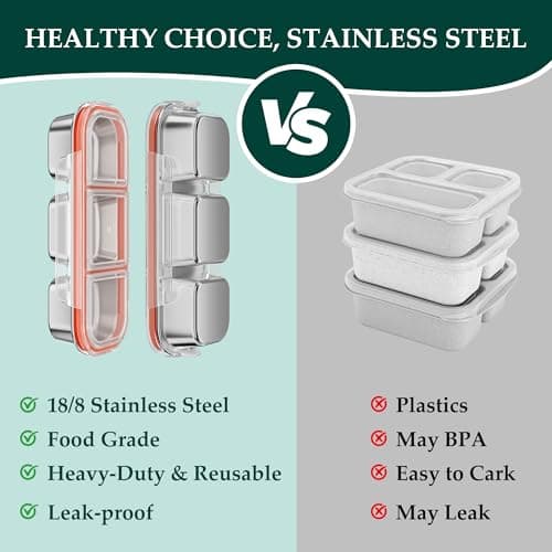 QCQHDU Snack Containers, Reusable Stainless Steel 3 Compartment Condiment Metal Bento Lunch Box with Lids, Divided Snack Food Storage Lunchable Containers for Home, Work, Travel, Camping, 5 Pack - Thumbnail 5