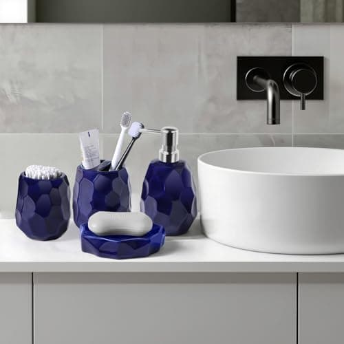Ceramic Bathroom Accessories Set 4 PCS,Bathroom Toothbrush Holder Set,Soap and Toothbrush Holder Set,Include Toothbrush Holder,Soap Dispenser,Tumbler,Soap Dish,Bathroom Sets Decor Organizer(Navy Blue) - Thumbnail 4