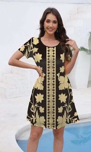 COSSEN Women's Summer 2026 Casual Tshirt Dress Black Boho Printed XX-Large Crew Neck Short Sleeve with Pockets Flowy Loose Swing A-Line Sundress - Thumbnail 3