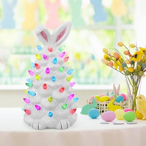 GARKALY Light up Easter Bunny Decor Glowing Tree, Cute Ceramic Tree Bunny Decorations for The Home Indoor Bedroom Office Decor Tabletop, Easter Night Light for Kids Gifts (White) - Thumbnail 3