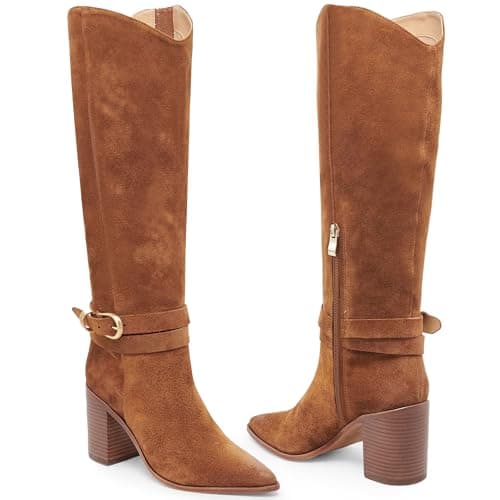 WIRALOMI Brown Boots for Women Knee High Pointed Toe Chunky Heel Boots Metal Buckle Tall Boots with Side Zipper Fall Long Boots,7 - Thumbnail 5