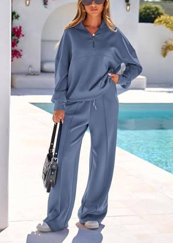 Lazysmile 2 Piece Sets For Women Lapel Half Zip Sweatshirt and Wide Leg Long Pants Sweatsuit Lounge Sets Workout Sets - Thumbnail 5