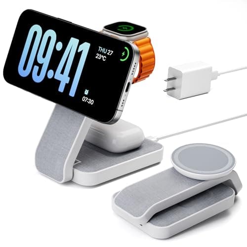 Eazpower 3 in 1 Foldable Wireless Travel Charging Station for MagSafe, Nightstand Magnetic Charger Stand for iPhone 17 16 15 14 Pro Max, Charging Dock with Night Light for Apple Watch/AirPods (White)
