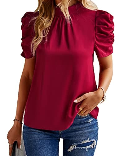 BTFBM Womens Tops 2026 Dressy Casual Blouses Summer Spring Clothes Mock Neck Short Sleeve Shirts Business Work Fall Outfits(Solid Wine Red, X-Small) - Image 1
