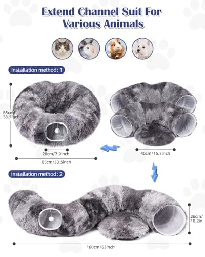 Cat Tunnel Bed with 20 Pcs Interactive Toys, 3-in-1 DIY Collapsible Plush Cat Tube with Washable Mat, Large Indoor Play Tunnel Cave for Kittens and Small Animals - Thumbnail 2