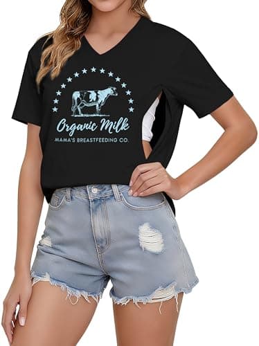 LUKYCILD Nursing Shirts for Breastfeeding Women Zipper Nursing Maternity Graphic Tee Mama Breast Feeding V Neck Tops Black - Image 1