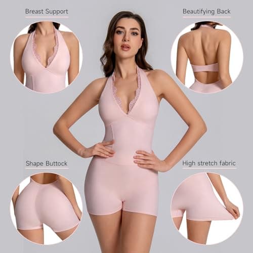KAIFUYING One Piece Workout Jumpsuits For Women Backless Bodycon Bodysuits Lace Trim V-Neck Short Sexy Workout Sets Pink-M - Thumbnail 4