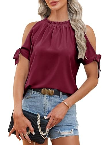 CCTOO Womens Tops Dressy Casual Cold Shoulder Bow Tie Collar Blouses Fashion Shirts for Work 1221Wine Red Small - Image 1