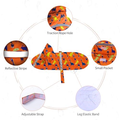NACOCO Large Dog Raincoat Adjustable - Pet Dinosaurs Water Proof Clothes Lightweight Rain Jacket Poncho Hoodies with Strip Reflective Blue (XXL, Orange Dinosaur) - Thumbnail 3