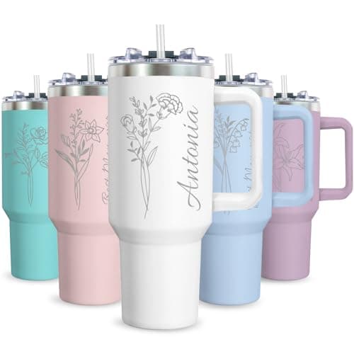 Personalized 40oz Tumbler with Handle, Customized Birth Flower Stainless Steel Insulated Tumblers with Lid Straw Custom Travel Mug Personalized Mothers Day for Women, Men (40 oz) - Image 1