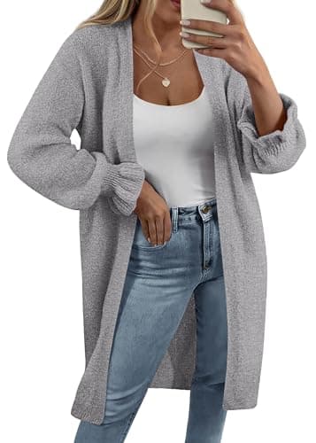 KIRUNDO Long Cardigan Sweaters for Women 2026 Spring Casual Oversized Ruffle Long Sleeve Open Front Chunky Knit Sweater Coats(Grey, Large) - Image 1