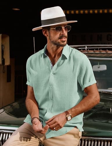 PJ PAUL JONES Men's Button Down Short Sleeve Shirt Casual Summer Beach Textured Wedding Shirts Light Green - Thumbnail 4