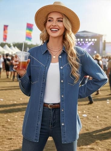 Dokotoo Western Shirts for Women V Neck Button Up Chambray Shirts Cowgirl Long Sleeve Denim Shirt Women Rhinestone Top Country Concert Outfits Western Shirt Denim Tops Blouses Fashion Wear Sky Blue L - Thumbnail 6