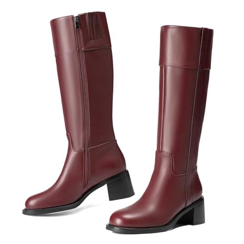 Reitoye Knee High Burgundy Boots Women Round Toe Chunky Block Heeled Boots Side Zipper Tall Gogo Boots Shoes Size 6.5 - Image 1