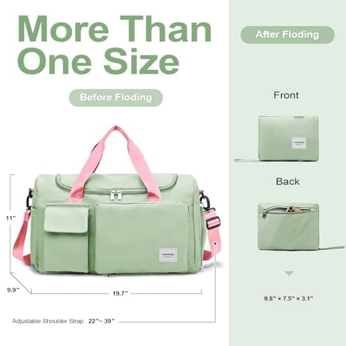 WOOMADA Foldable Travel Duffel Bag for Women, Weekender Bags with Shoes Compartment,Overnight Bag with Wet Pocket & Trolley Sleeve(Green&Pink) - Thumbnail 2