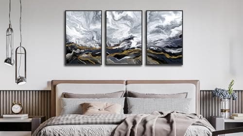Large Framed Modern Wall Art - Abstract Landscape Cloudy Mountain Wall Decor 24"x36" Set of 3 Contemporary Grey Dark Painting Prints Marble Canvas Pictures for Living Room Bedroom Office Artwork - Thumbnail 3