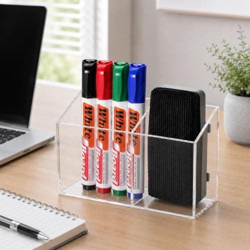 ECHSRT Clear Acrylic Pen Holders Set of 2, Dual-Compartment Desktop Organizers for Pens, Markers, Whiteboard Erasers, Office Supplies and Small Items - Thumbnail 5