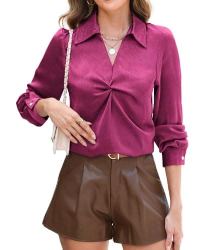 RUMIA Longsleeve Satin Silk Fall Blouses Shirt for Women Business Work Top Fuchsia - Image 1