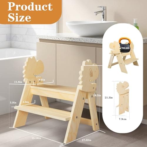 TinyHaven Wooden Toddler Step Stool, 2-Step Foldable Stool for Kids with Non-Slip Surface, Baby Bathroom Stool for Potty Training, Bathroom Sink, Kitchen Counter with Cute Dinosaur Design, Natural - Thumbnail 3