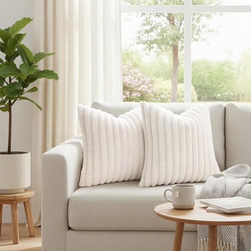 Simmore Faux Fur Couch Throw Pillow Covers 18x18 Set of 2, Decorative Soft Striped Plush Pillow Covers with Velvet Back for Sofa Bed Living Room, Cream White - Thumbnail 3