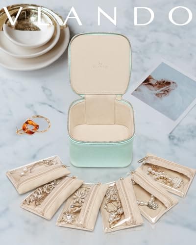 Vlando Travel Jewelry Box,Jewelry Travel Case with 6 Velvet Jewelry Zipper Pockets Travel Jewelry Organizer for Ring Bracelet Christmas Wedding Birthday Gifts for Wife Daughter Lake Blue - Thumbnail 3