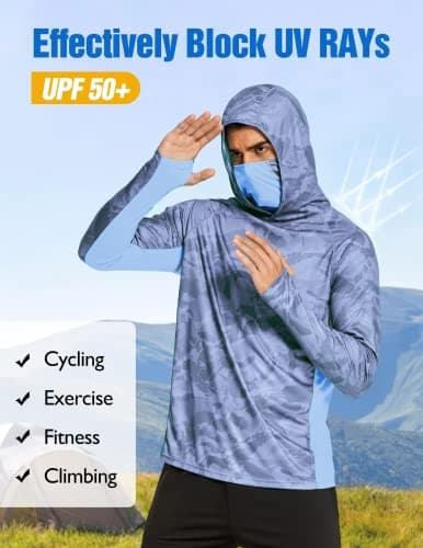 COOrun Men's Hooded Sun Shirt with Mask - Long Sleeve UPF 50 Rash Guard Cooling Hoodie for Fishing and Hiking - Navy Blue - Thumbnail 4