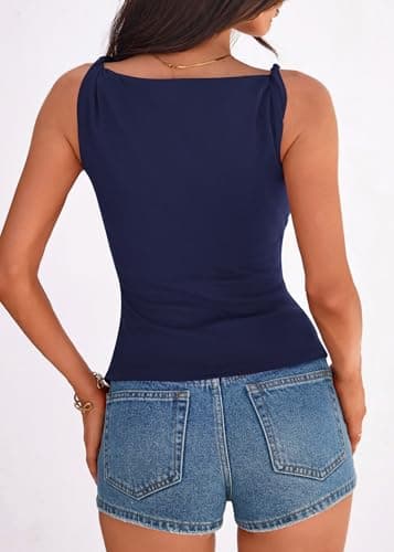 KIRUNDO Going Out Tops for Women 2026 Summer Twist Straps Asymmetrical Ruched Tank Top Slim Fit Sleeveless Shirts Y2K Clothes(Navy Blue, X-Large) - Thumbnail 2