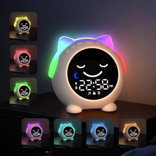 MRSCOZ Kids Alarm Clock for Sleep Training,Sleep Trainer,Ok to Wake Clock,Cute Cat Alarm Clock for Girls Boys Toddler with 10 Night Lights,9 Music Sounds, Auto-Off Timer,Cream White - Image 1