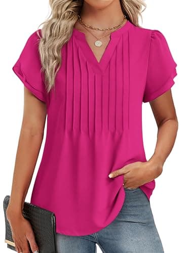 Funlingo Womens Shirts Dressy Casual Petal Short Sleeve Tops V Neck Flowy Elegant Blouses Hot Pink Professional Office Wear Rose Red M - Image 1