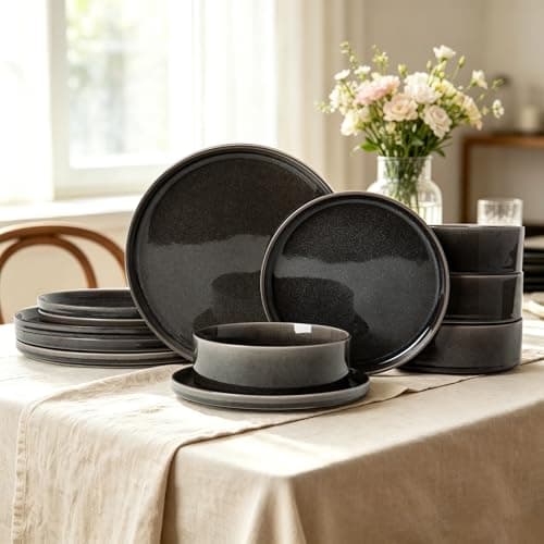 ALOFMO Dinnerware Sets for 4, ceramics Plates and Bowls Set, 12-Piece Modern Stoneware Dinnerware – Chip Resistant, Non-Toxic, Dishwasher and Microwave Safe Tableware, Black - Thumbnail 2