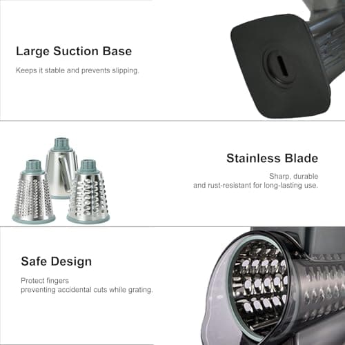 Spylandy Rotary Cheese Grater, 3-in-1 Manual Vegetable Slicer with Handle, Safer Kitchen Mandoline Shredder with Suction Base for Cheese, Nuts, Potatoes & Salads – Easy to Clean (Smoke Grey) - Thumbnail 4
