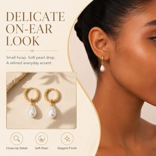 Gold Pearl Drop Earrings for Women Pearl Dangle Huggie Hoops - Thumbnail 4