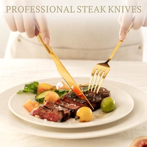Astercook Silverware Set 48-Piece Gold Flatware Set with Steak Knives Food-Grade Stainless Steel Cutlery Set for 8 Mirror Polished Utensils Set for Home Kitchen Restaurant Valentine's Gift - Thumbnail 3