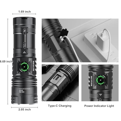 SKYFIRE Rechargeable Flashlight, 2000LM LED Tactical Flashlight, 7500mAh Type-C, Zoomable Waterproof, 5 Modes with Power Display, for Outdoor Hiking Camping Emergency Use(Silver Gray) - Thumbnail 6