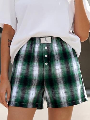 ANRABESS Shorts for Women 2026 Summer Casual Lounge Pajama Sleep Gingham Boxer Shorts Soft Comfy Beach Pj Bottoms Pockets Green Black Plaid Small - Thumbnail 4