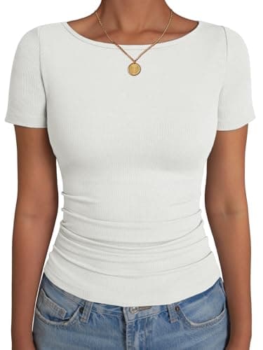 GKBK Boat Neck Tops for Women Ribbed Short Sleeve T-Shirts Slim Fitted Tight Compression Top Soft Y2K Basic Casual Going Out Tops for Spring Summer 2026 Trendy Fashion Outfits White - Image 1