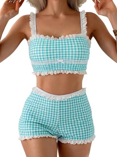 ZAFUL Womens High Waisted Bikini Sets 2 Piece Plaid Ruffle Swimsuits Back Strap Top with High Waisted Shorts Bathing Suit Mint Blue M - Image 1