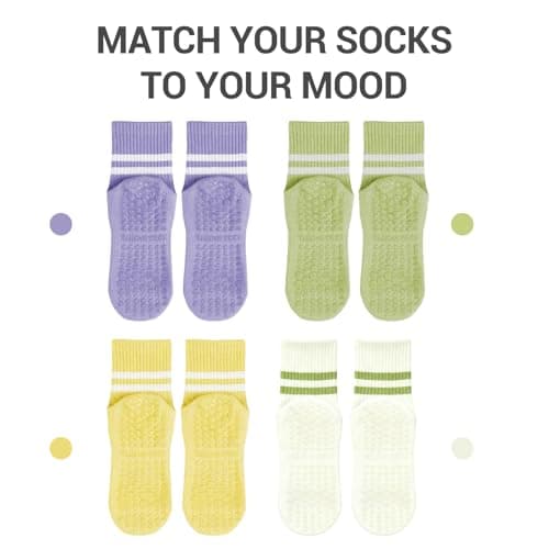 4 Pack Pilates Crew Grip Socks for Women Non Slip Sticky Grippers Yoga Barre Slipper for Hospital Maternity Elderly Home Floor Reformer Ballet Dance Studio Athletic Thick Cotton - Thumbnail 5