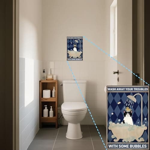 Carastora Vintage Tin Sign – Funny Bathroom Wall Decor, "Wash Away Your Troubles with Some Bubbles", Cat Metal Poster for Home, Cafe, Office, 8x12 Inch - Thumbnail 2