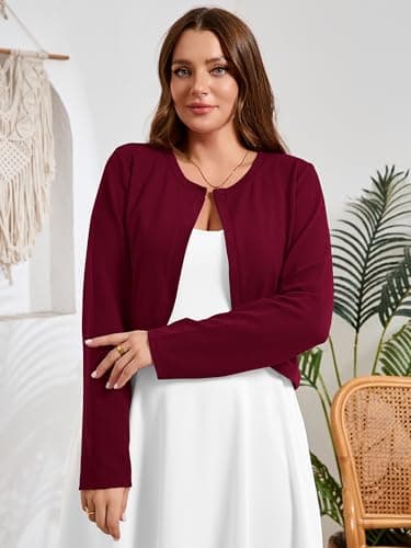AusLook Plus Size Women Shrugs Long Sleeve Burgundy 4X Open Front Cardigan Knit Lightweight Coat Cropped Bolero Tops Shawls and Wraps Dressy Sweater - Thumbnail 2