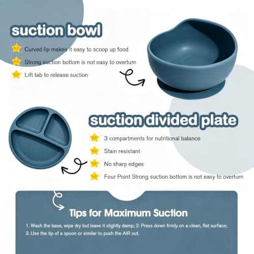 Baby Led Weaning Supplies, 8 Piece BPA-Free Silicone Feeding Set, Silicone Suction Bowl, Forks & Spoons, Bib & Cup, Develops Self Feeding Skills, Dishwasher Safe, for 6+ Months (Blue) - Thumbnail 6