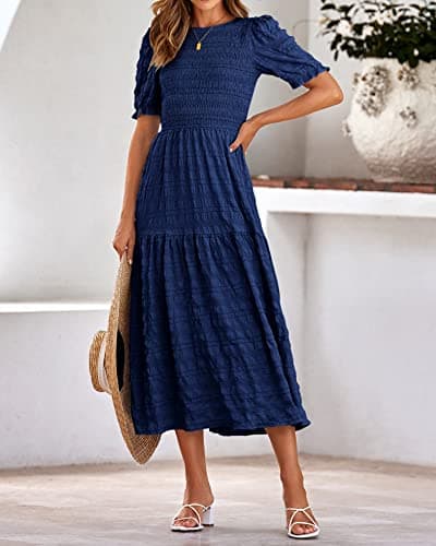 dowerme Womens Summer Dresses 2025 Casual Puff Short Sleeve Crewneck Smocked Flowy Ruffle Boho Beach Party Maxi Sundress(Navy,Small) - Thumbnail 6