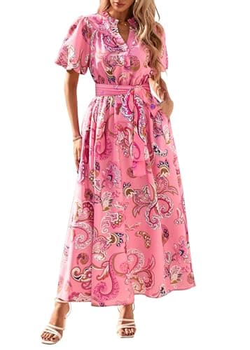 KIRUNDO Women Spring Summer Wedding Guest Boho Floral Maxi Dress Puff Sleeve Button Shirt V Neck Flowy Beach Vacation Dress(Pink, Small) - Image 1