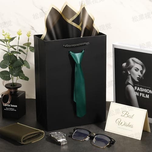ALFEVA fathers day gift bags Graduation black gift bags with Handles and tie,2 Pcs mini gift bags with 2 Tissue Paper and 2 cards for Men Boys Birthday Party Wedding Gifts,(Small black/pink) - Thumbnail 5