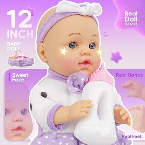 SMILESSKIDDO Baby Doll with Accessories, 12" Dolls Playset with Washable Carrier Bassinet Bed, Bottle, Blanket, and Pillow, Soft Body Baby Dolls for 2+ Year Old Girls - Thumbnail 4