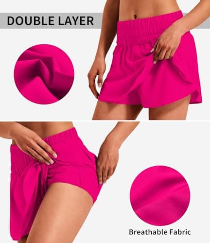 Hugut Women's Ruffle Skirt Overlay High Waisted Tennis Athletic Shorts for Running Workout Golf Two Zipper Pockets Rose - Thumbnail 5