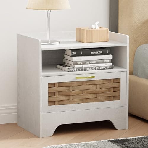 HOCAT 24" Rattan Nightstand, Boho Night Stand with Open Storage, White Bedside Table with Drawer, Bed Side End Table Dresser for Bedroom, Living Room, Hallway