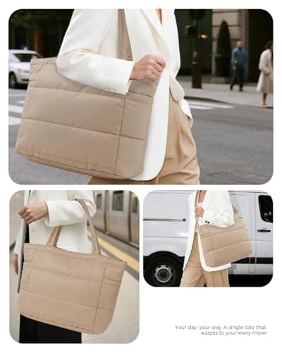 Moyad Puffer Tote Bag for Women, Quilted Work Bags with Compartments, Puffy Handbag for Everyday, Work, Travel, Gym, Khaki - Thumbnail 2
