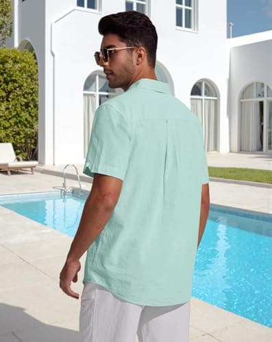 JEKAOYI Button Down Linen Shirts for Men Short Sleeves Cotton Casual Shirt with Pockets for Summer Beach Mint Blue - Thumbnail 4